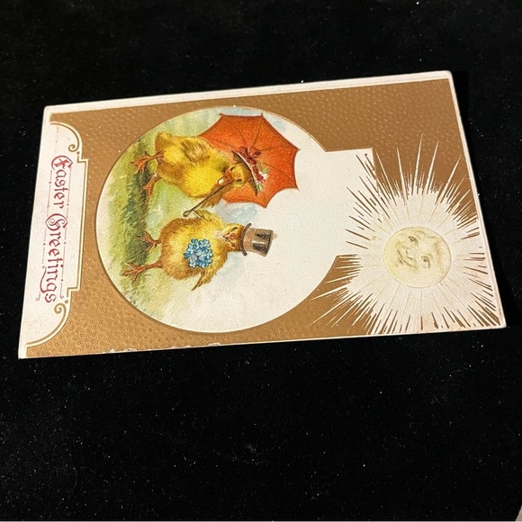 Vtg Easter Postcard Anthropomorphic Sun & Chick Couple Flowers Umbrella Top Hat - Picture 3 of 6